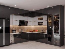 Tủ bếp Inox cánh Acrylic màu đen cho chung cư