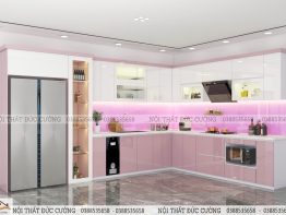 Tủ bếp Picomat cánh MDF màu hồng