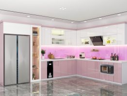 Tủ bếp Acryic màu hồng